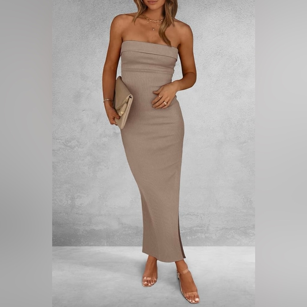 Ribbed bodycon strapless midi dress